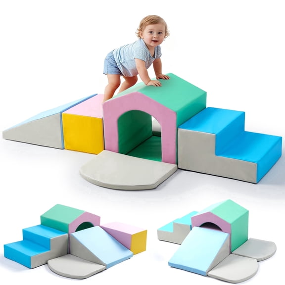 6pcs Soft Climbing Toys for Toddlers PU Leather Gym Climb and Crawl Play Set for Indoor Pink+Green