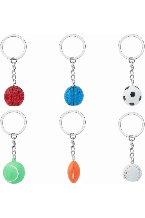 6pcs Sport Ball Keychains Blue Red Basketball Keychain Lightweight Football Baseball Tennis Rugby Keychains Keyrings for Car Key Handbag Decorations Party Favors Colorful