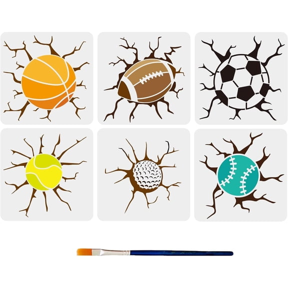 6pcs Sports Ball Stencils 11.811.8inch Wall Cracks Basketball Football Rugby Baseball Tennis Ball Golf Ball Stencils Reusable Template with Paint Brush DIY
