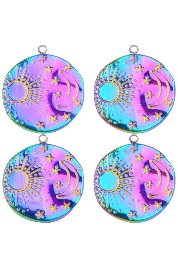 6pcs Stainless Steel Celestial Moon Star Charms Flat Round Sun Moon Star Pattern Dangle Pendants Jewelry Findings for DIY Bracelet Necklace Earrings Craft Decor, Rainbow Color
