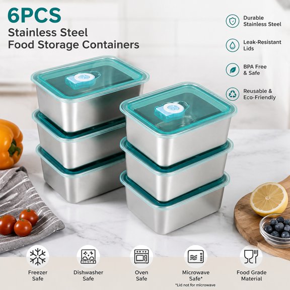 6pcs Stainless Steel Food Storage Containers with Lids, Stackable Snack Containers for Kitchen, Office, and Home Organization