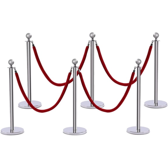 6pcs Stainless Steel Stanchion Post Queue, Crowd Control Red Velvet Rope, Crowd Control Barriers Queue Line for Theater Hotels Clubs Museums