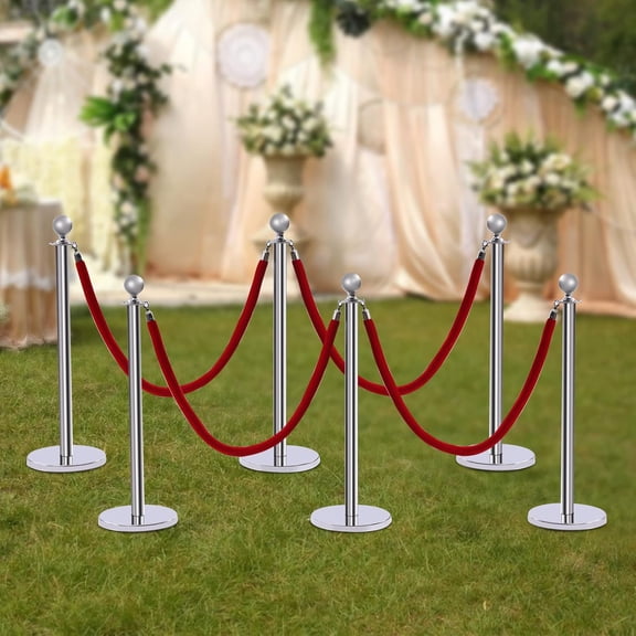 6pcs Stainless Steel Stanchion Post Queue, Crowd Control Red Velvet Rope, Crowd Control Barriers Queue Line for Theater Hotels Clubs Museums