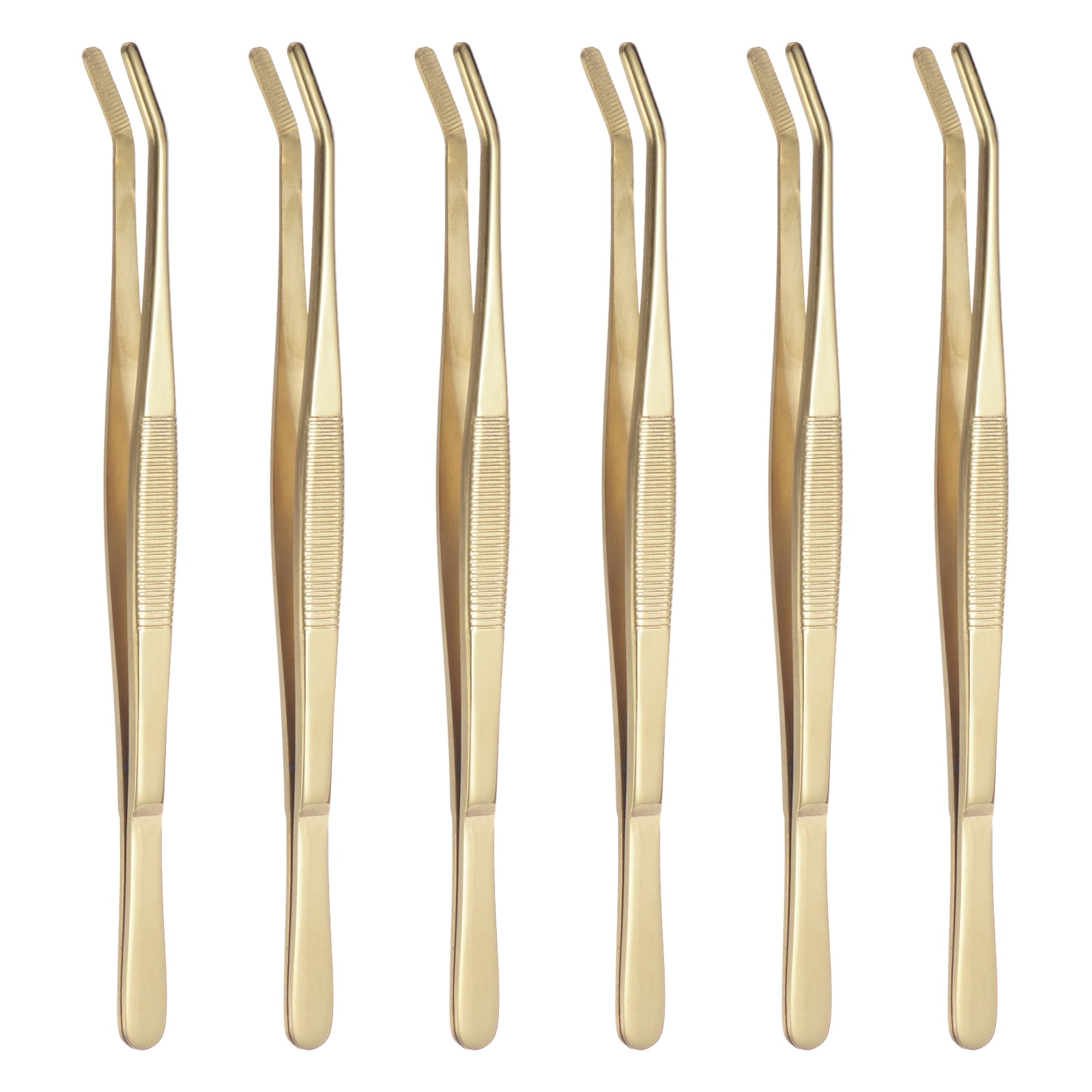 6pcs Stainless Steel Tweezers 8.6" Long Handle Curved Serrated Tip Tweezers for Craft Gardening, Yellow