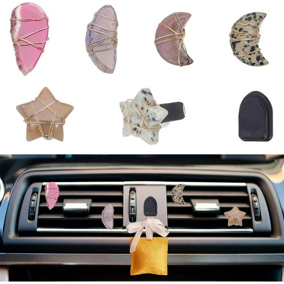 6pcs Star Moon Natural Stone Car Air Vent Clips with Hook Gemstone Car Vent Clips Quartz Crystals Car Vent Clips Teardrop Stones with Copper Wire for Car Air Vent Accessory -6 Styles 1set