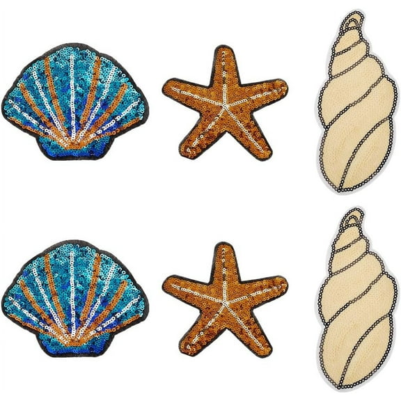 6pcs Starfish Shell Conch Shape Sequin Applique Glitter Starfish Iron on Patches Conch Hot Glue Cloth Patches Sew On Sequined Patch for Clothing Repair Decoration and DIY Craft Accessory DIY