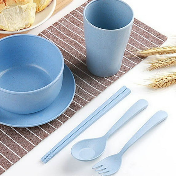 6pcs Straw Tableware Set for Home & Travel | Portable Bowls, Cups, Plates, Spoons, Forks, Chopsticks | Heat-Resistant, Non-Slip, Eco-Friendly Reusable Utensils | Stackable Space-Saving Design