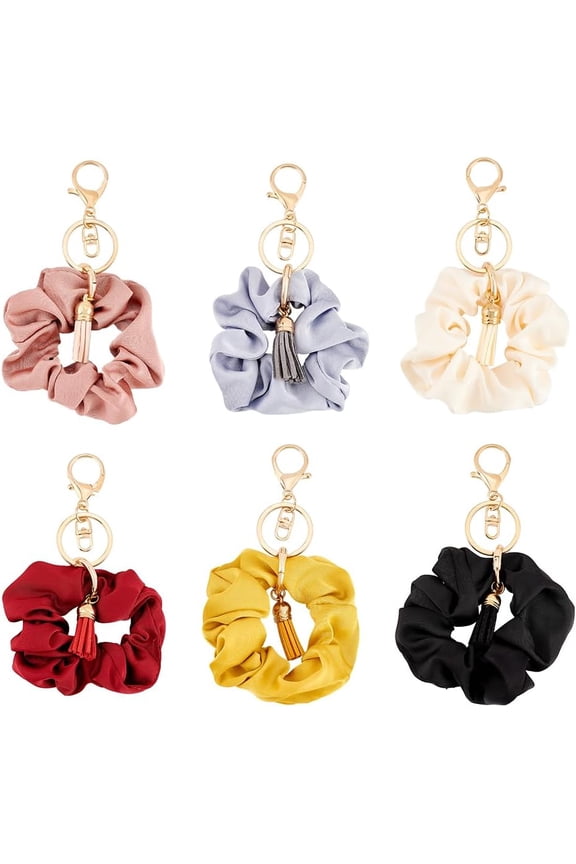6pcs Stretchy Scrunchie Wristlet Bracelet Keychain Cloth Elastic Hair Ties Soft Removable Hair Keyring with Suede Tassel Pendant for Woman Bag Car Decoration Keychain 6.6inch