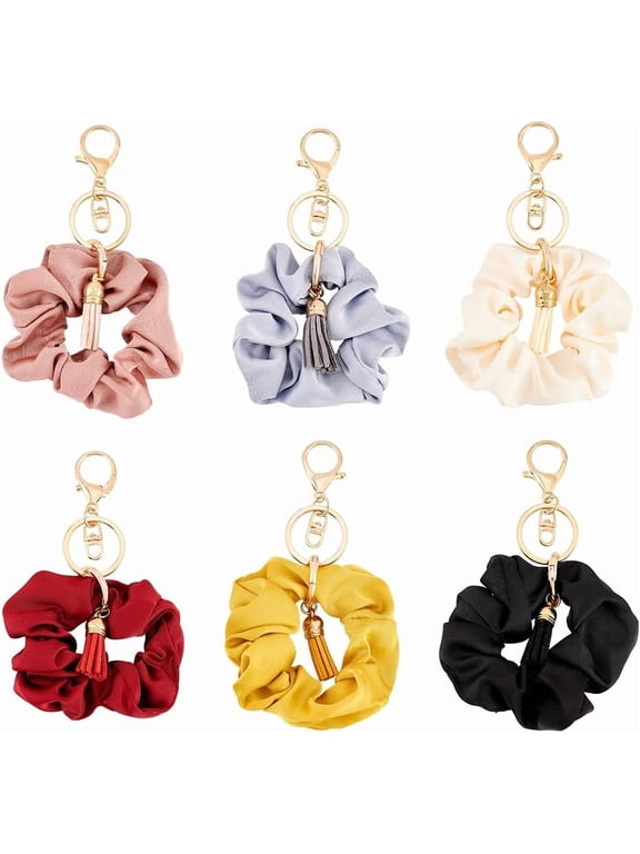 6pcs Stretchy Scrunchie Wristlet Bracelet Keychain Cloth Elastic Hair Ties Soft Removable Hair Keyring with Suede Tassel Pendant for Woman Bag Car Decoration Keychain 6.6inch Mixed Color