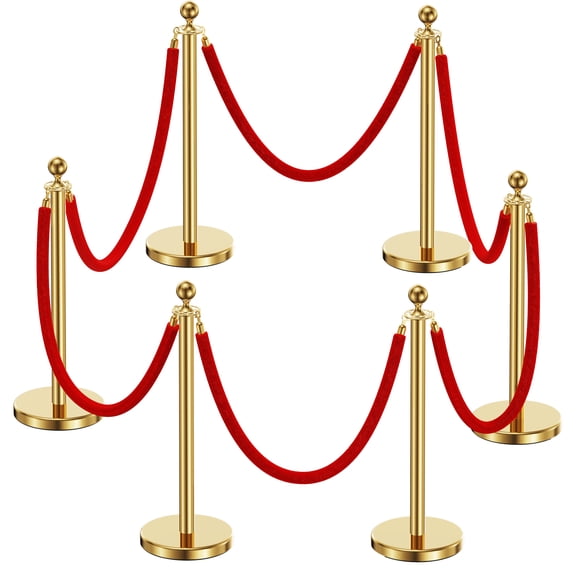 6pcs Sturdy Gold Stanchion Posts and 6pcs High Quality Red Carpet Velvet Ropes, Water/Sand/Concrete Fillable Leakproof Base, Crowd Control Barriers for Birthday, Prom, Business, Wedding