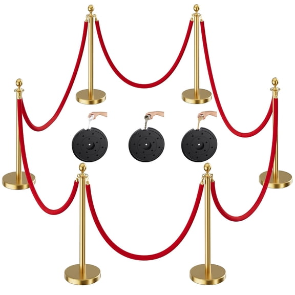 6pcs Sturdy Gold Stanchion Posts and 6pcs High Quality Red Carpet Velvet Ropes, Water/Sand/Concrete Fillable Leakproof Base, Crowd Control Barriers for Birthday, Prom, Business, Wedding