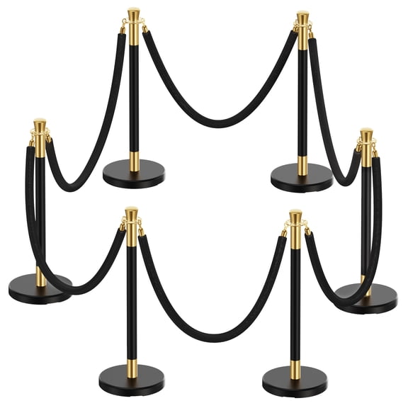 6pcs Sturdy Stanchion Posts, 6pcs High Quality Black Velvet Ropes, Water/Sand/Concrete Fillable Leakproof Base, Crowd Control Barriers for Birthday, Prom, Business, Wedding, Red Carpet
