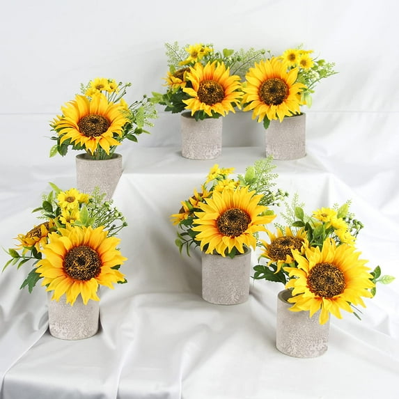 6pcs Sunflower Decor Yellow Fake Sunflower in Pots, Artificial Sunflower for Bathroom Home Kitchen Rustic Table Centerpiece Shelf Decor