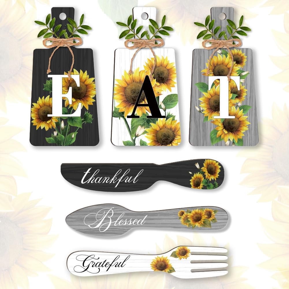 6pcs Sunflower Kitchen Wall Decor Wood Sign Eat Sign Fork Spoon Wall Decor Hanging Plaques Farmhouse Cutting Board Sign with Hemp Rope for Home Kitchen Dining Living Room Bar Cafe