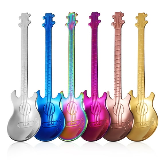 Raindrops 6-Pack Stainless Steel Guitar Shaped Spoons, Assorted Colors, Unique Coffee Stirring and Dessert Spoons for Home Use