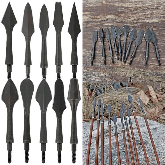 6pcs Traditional Broadhead Arrows Black Steel with Wooden Shaft Screw-In Tips for Hunting Archery