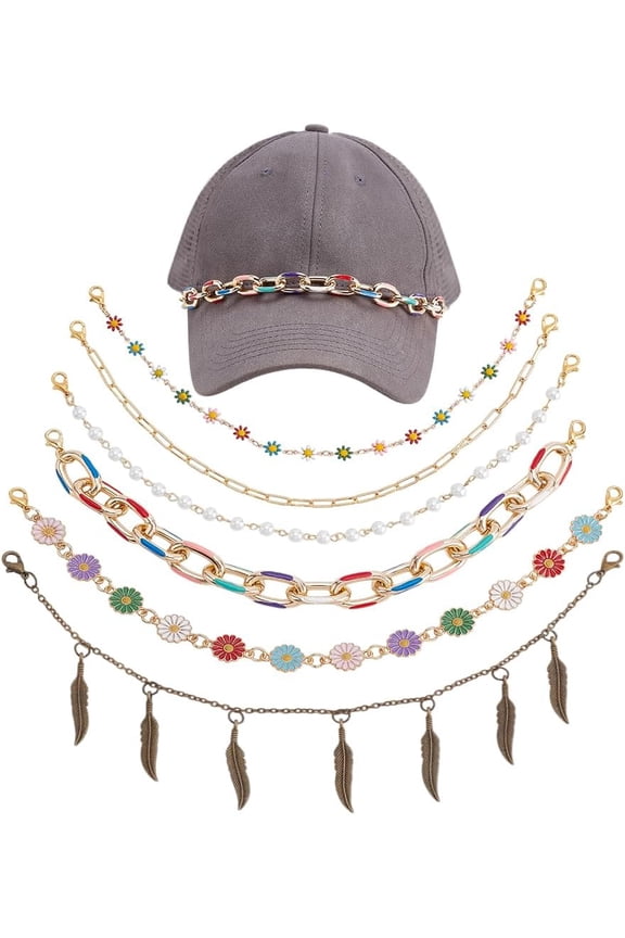6pcs Trucker Hat Chains Flower Pearl Feather Hat Chain Golden Detachable Hat Chains Mesh Baseball Cap Hat Chain with Charm Metal Brass Chain for Women Men Hat Accessories Decoration
