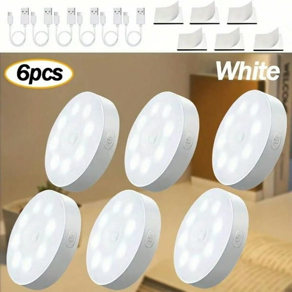 6pcs USB Rechargeable LED Motion Sensor Lights - 8 LEDs Each, Dual Modes (Induction/Button), Adjustable Brightness, Magnetic Mount for Bedrooms, Stairs, Storage Rooms