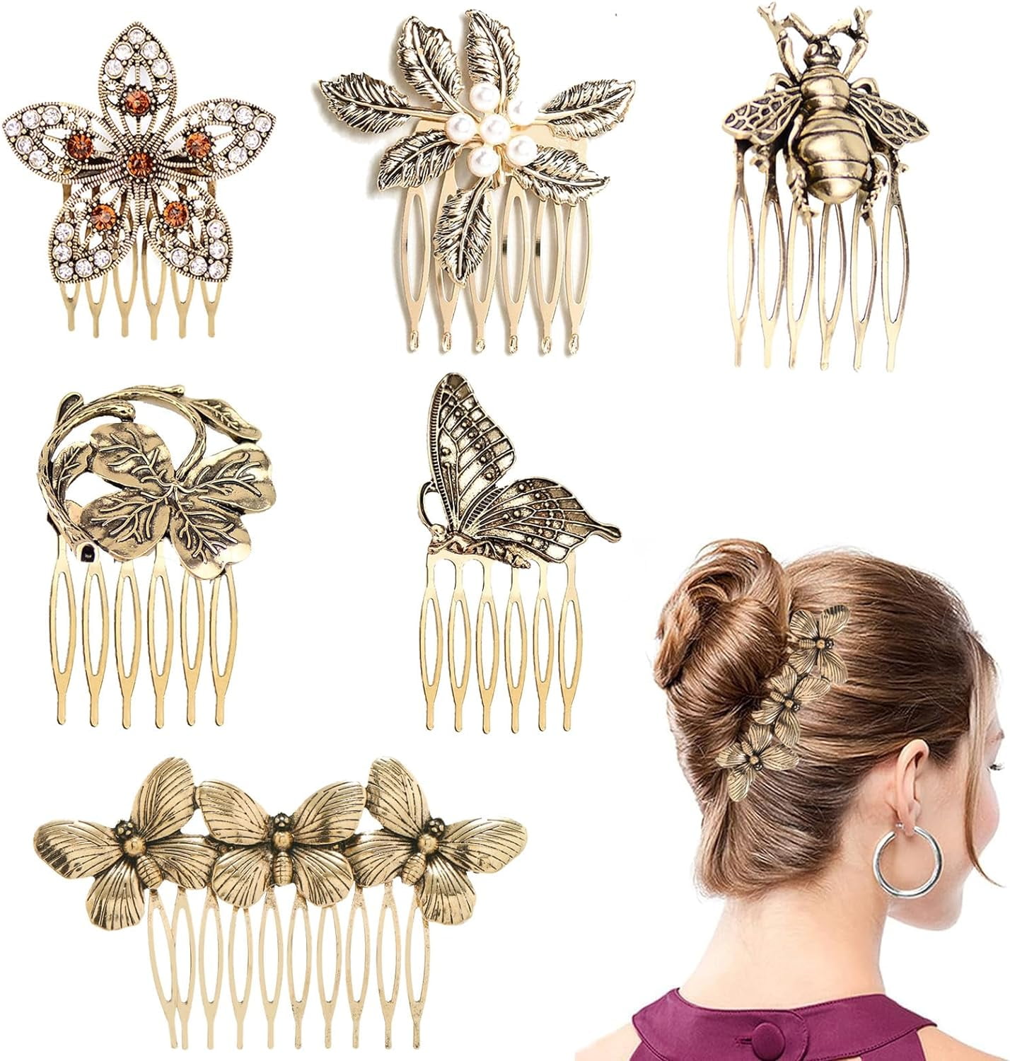 6pcs Vintage Hair Combs Slides Strong Hold Butterfly Flower Hair Clips