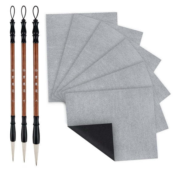 6pcs Water Drawing Writing Cloth, TSV Reusable Chinese Calligraphy Practicing Tool with 3 Calligraphy Brushes, 13.6x16.7'' Water Drawing Mat for Beginners Practicing