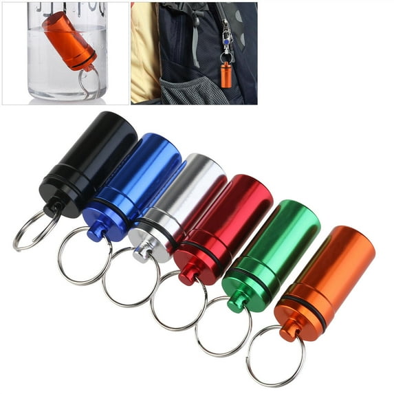 OUNONA 6pcs Waterproof First Aid Container Pill Holder Keychain Pill Case (Black & Red & Blue & Silver & Orange & Green)