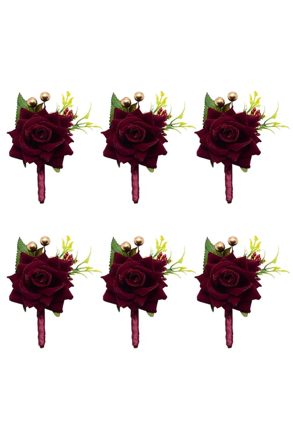6pcs Wedding Boutonniere Wine Red Rose Corsage Buttonhole Flower Groom Groomsman Best Man Wedding Flowers Accessories for Groom Groomsmen Prom