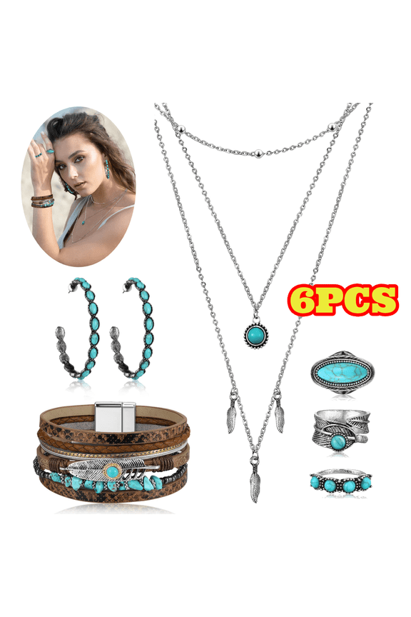 6pcs Western Turquoise Jewelry Set for Women, Bohemian Pendant Long Choker Layered Bracelets Earrings Rings
