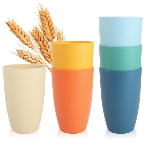 6pcs Wheat Straw Cup, Reusable Plastic Drinking Cups for Kitchen, Camping, Unbreakable Drinking Cup Set, 11 oz Water Tumblers for Milk, Coffee, Juice, Dishwasher & Microwave Safe