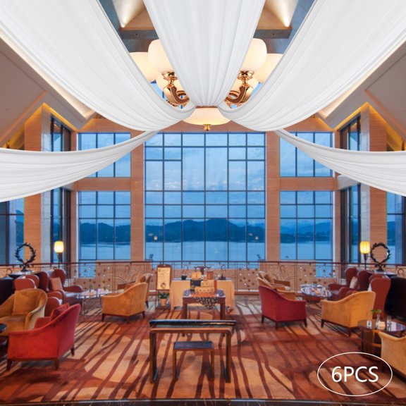 6pcs White Chiffon 1.5x6m Ceiling Curtain Wedding Party Decoration Hanging Cloth Background Cloth