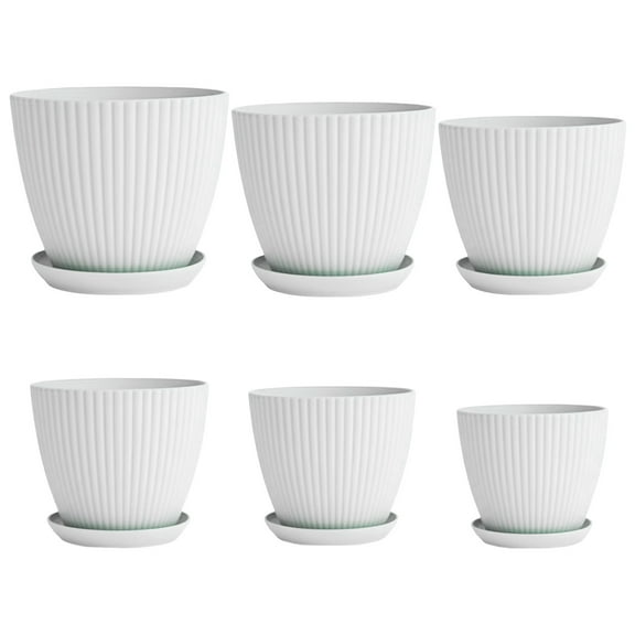 6 Pcs White Plastic Flower Pots, with Drainage Holes & Trays, Thick Wear-Resistant for Indoor/Outdoor Plant Decoration (3.35 - 7.28 Inches)