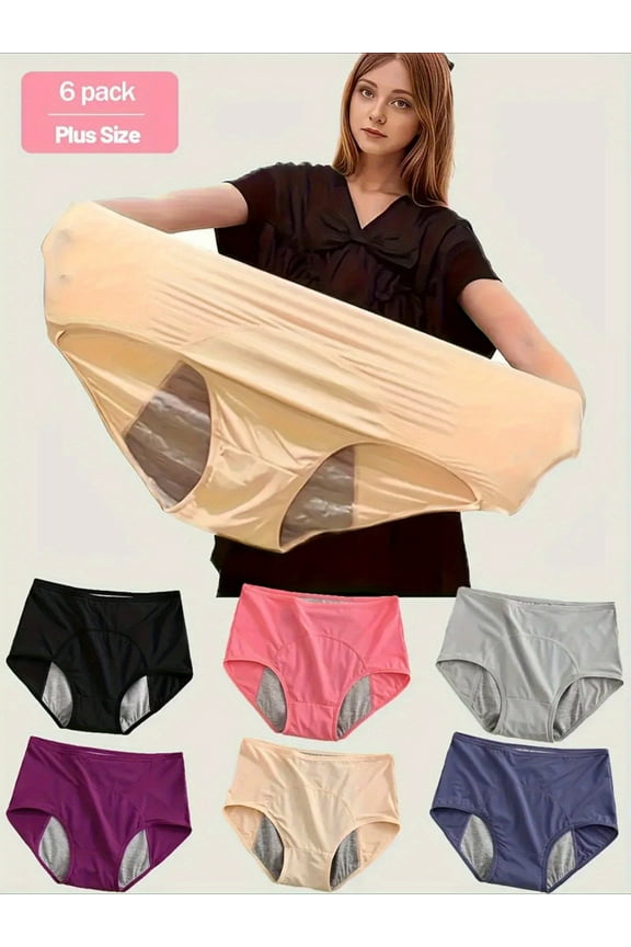6pcs Women'S Leakproof Period Panties - High Elasticity, Breathable Mesh, Triple-Layered, Wide Briefs, Tummy Control, Plus Size (OXL-5XL), Seamless Underwear, High Waist, Period Panties