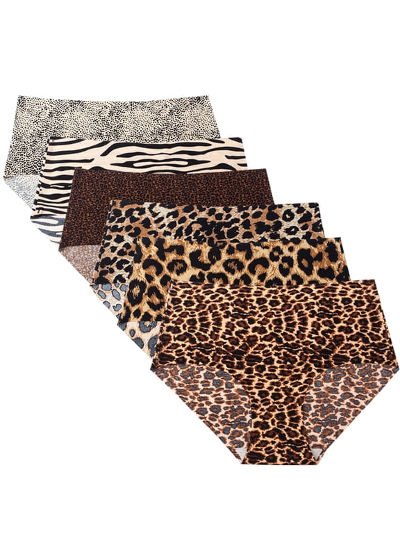6pcs Women's Seamless Ice Silk Panties Female Mid Waist Plus Size Leopard Print Underwear Girls Fashion Brief Lady Comfort Panty