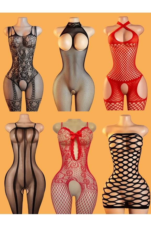 6pcs Women's Sexy Tight-fitting Bodysuit - High-elastic Mesh and Lace Edge Design, Fishnet Bodystocking, Women's Seductive Bodysuit, Suitable As A Gift for Valentine's Day or Christmas.