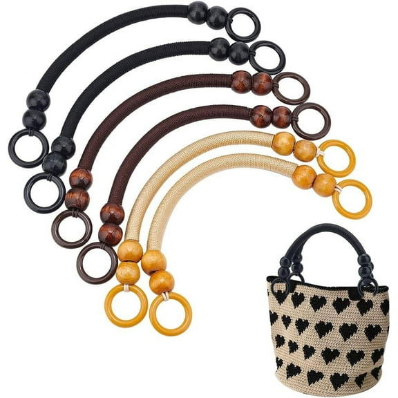 6pcs Wooden Beaded Bag Handles 3 Colors U-Shpaed Purse Handle Nylon Purse Straps Rustic Bag Handle Replacement for Crocheted Bag Making Handbags Baskets Tote Bags 37cm/14.6 inch