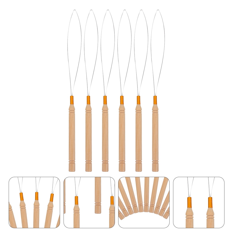 6pcs Wooden Handle Loop Crochet Micro Ring Loop Threader Hair Extension ...