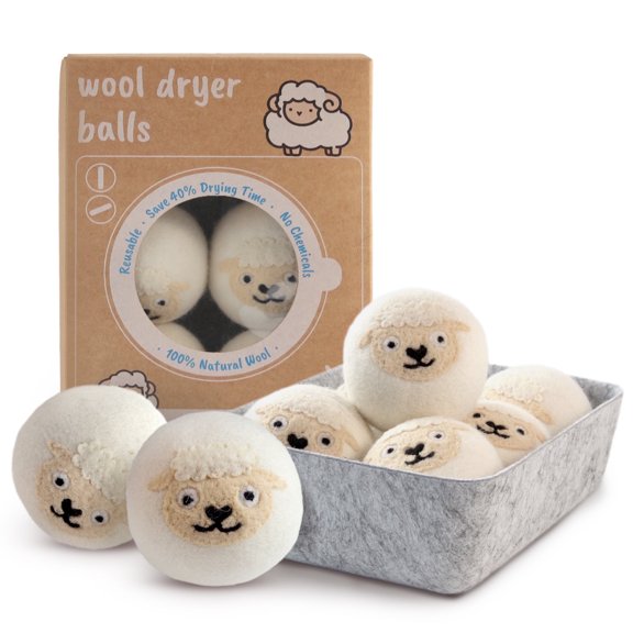 WHIFEA 6 Pcs XL Organic Wool Dryer Balls, Cute Lamb Shapes, Reusable Natural Wool, Reduce Drying Time, Anti-Static, Soften Fabric, Moisture-Proof Storage Box, Eco-Friendly Laundry Aid, White