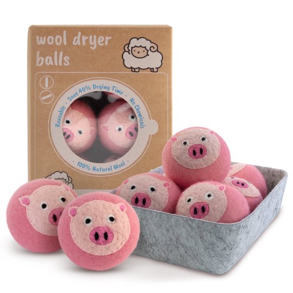 WHIFEA 6 Pcs XL Wool Dryer Balls, Cute Pig Shapes, Reusable Natural Wool, Reduce Drying Time, Anti-Static, Soften Fabric, Moisture-Proof Storage Box, Eco-Friendly Laundry Aid, Pink