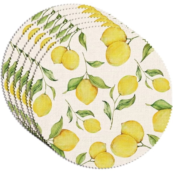 6pcs Yellow Lemons Placemats 15x15 Inch Round Table Mats Non-Slip Washable Linen Table Mats Fruits Theme Placemats for Holiday Banquet Kitchen Dining Table Decoration