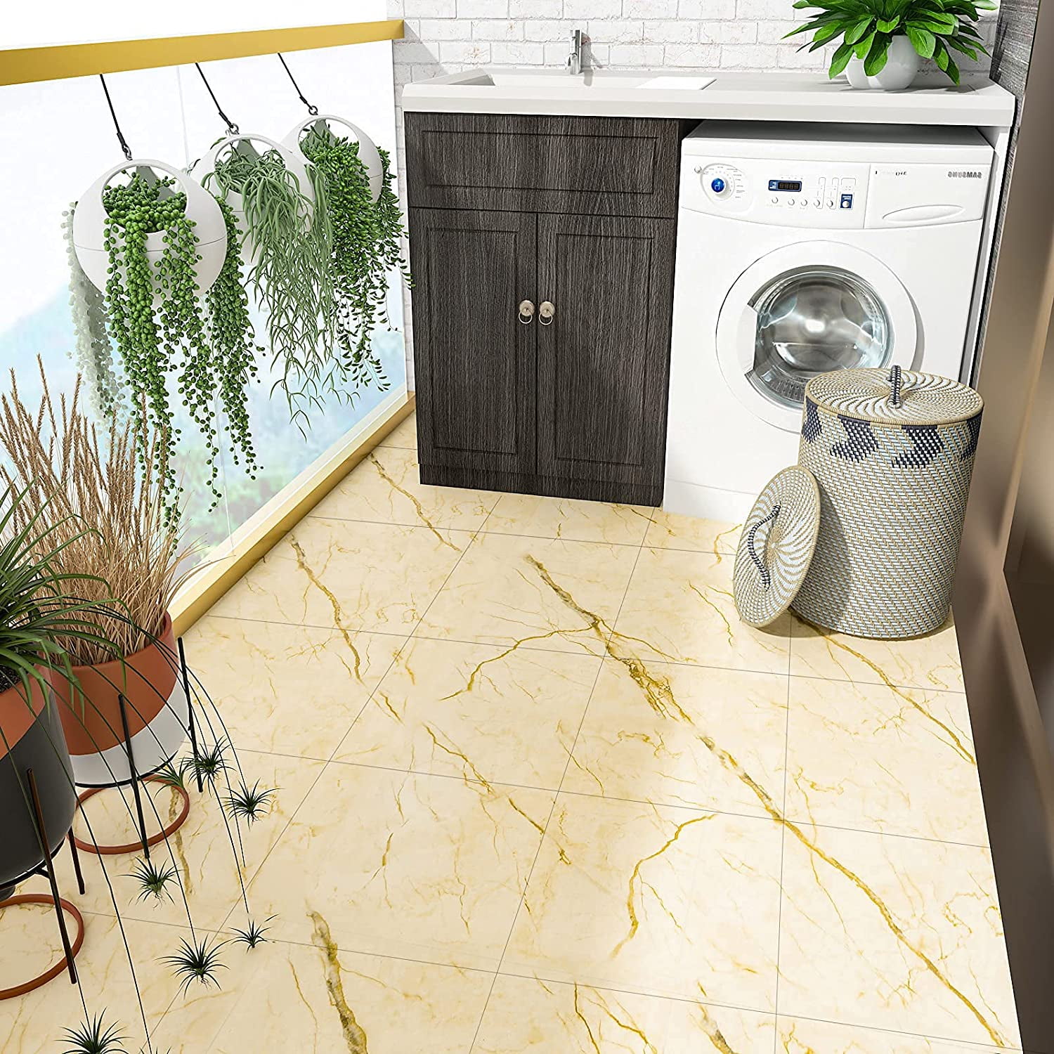 6pcs Sticky Yellow Marble 12"x12" Peel & Stick Floor Tiles, Waterproof ...