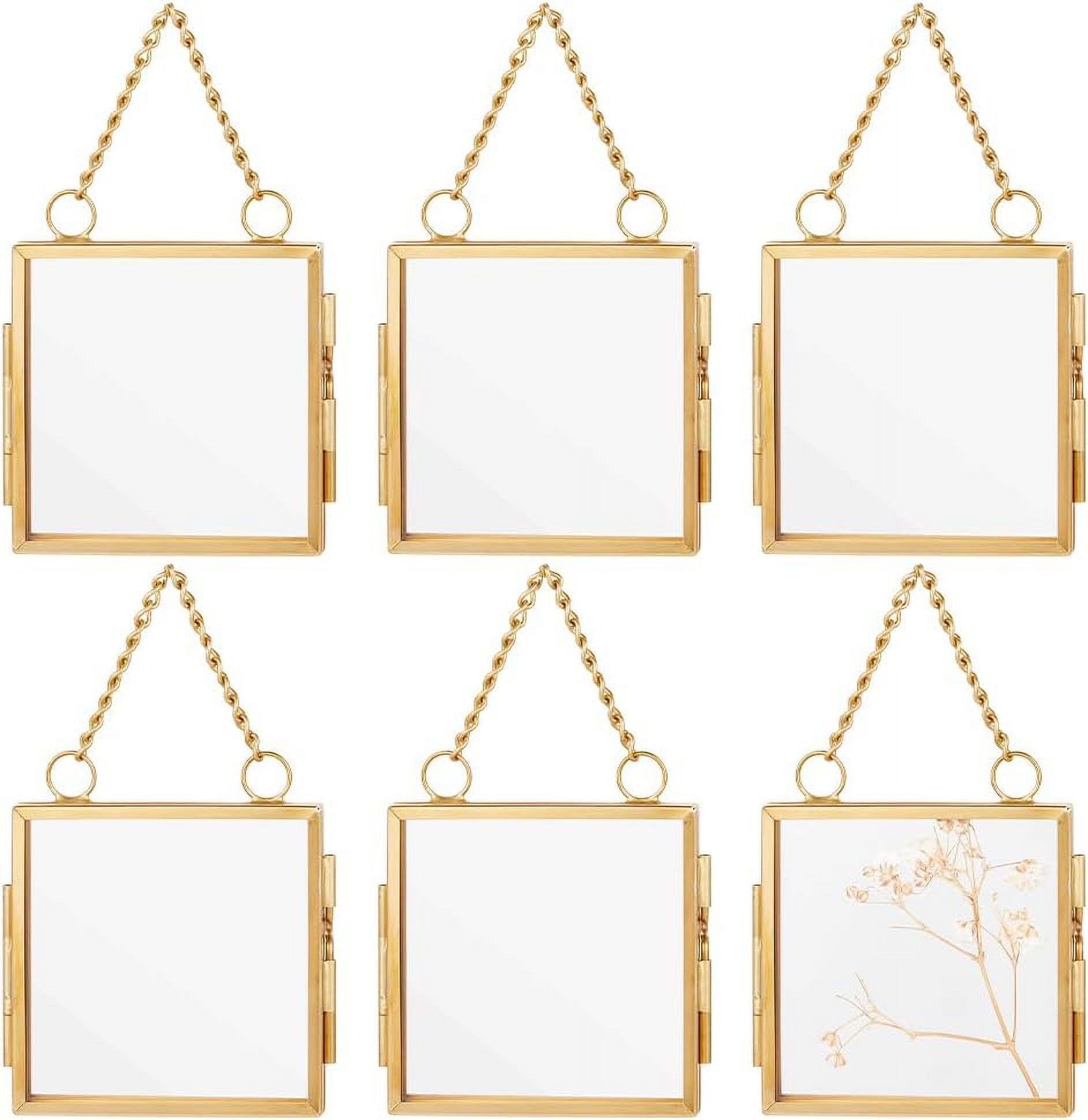6pcs golden Mini Glass Hanging Frame 2.7x2.7x0.3 Inch golden Metal Picture Frames Clear Double Glass Floating Frame Hanging Artwork Display Frame Glass Frame for Pressed Flowers Leaf and Artwork