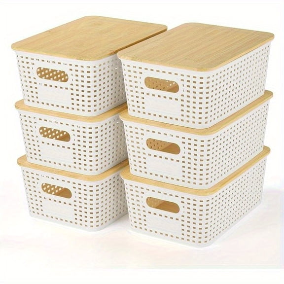 6pcs grid patterned imitation rattan storage box, bamboo cover design, desktop storage artifact, suitable for learning, office, makeup toy storage- covered storage box