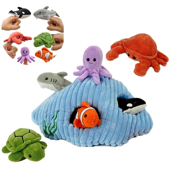 6pcs sea Finger Puppets with a Shell House, Novelty Animals Toys Puppet , Storytelling Role-Playing Plush Finger Puppets Gifts for Boys and Girls