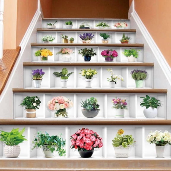 6pcs/set 3D Potted Plant Staircase Stair Riser Floor Sticker Self Adhesive DIY S