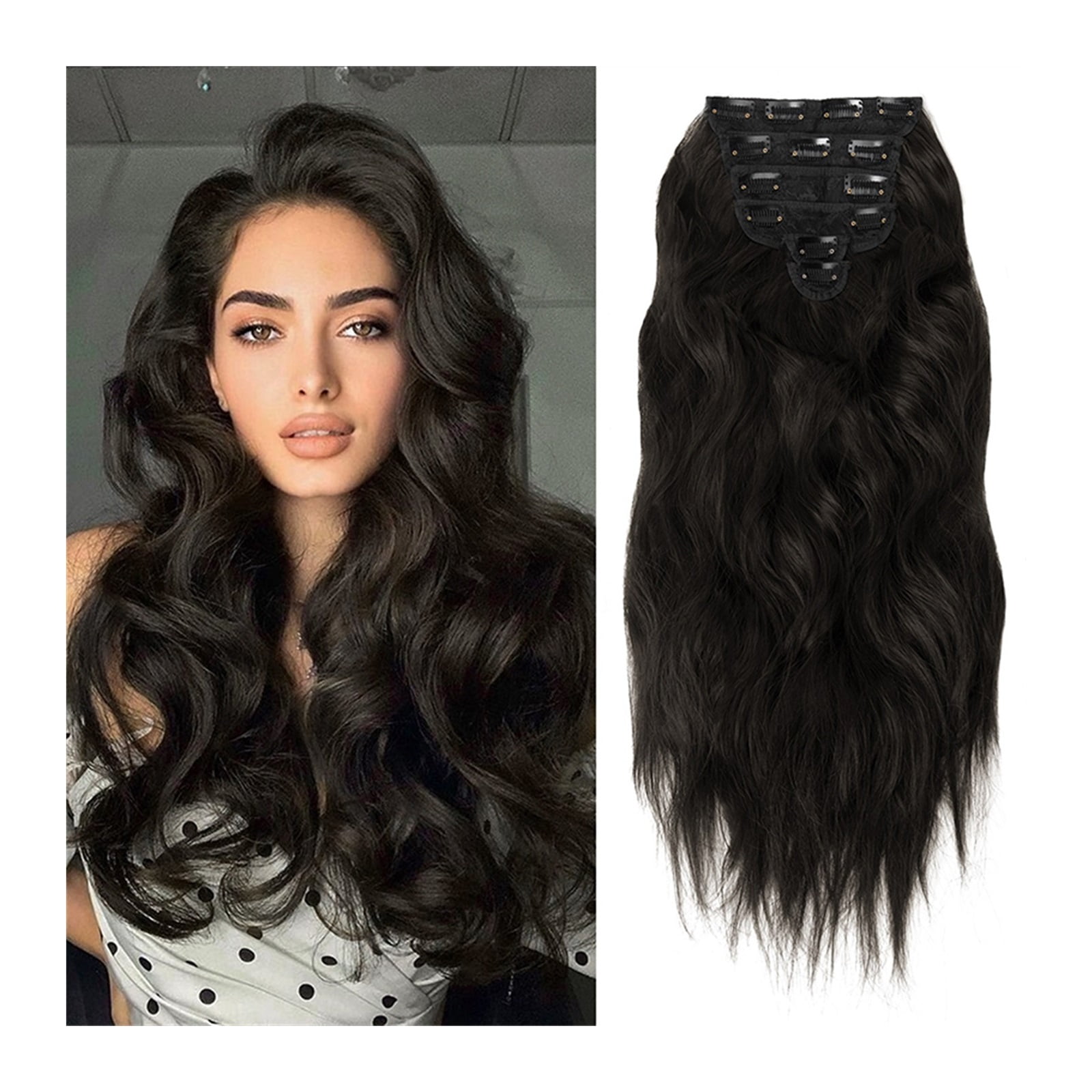6pcs/set Clip in Synthetic Hair Extensions 22Inch Long Wavy Clip in Hair Hairpiece Heat Resistant Hair Extension Clips In Dark Brown Hairpiece for Women