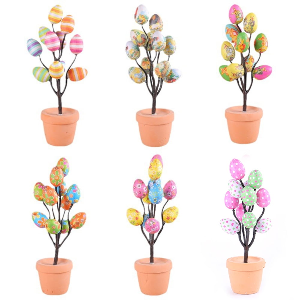 6pcs/set Easter Colorful Eggs Potted Plants Cartoon Printing Eggs Easter Desktop Decoration Decoration