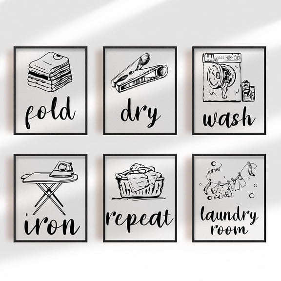 6pcs/set Laundry Decor Painting Canvas Wall Art Home Wash Dry Fold Canvas Hanging Painting Cute Patterns Printing Artwork 7.9x9.8in