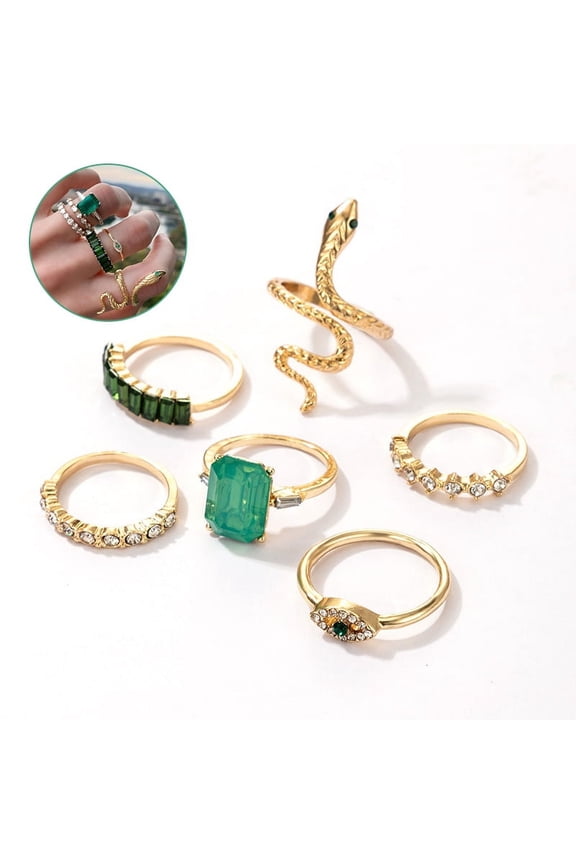 6pcs/set Luxury Green Rhinestone Snake Rings for Women Vintage Crystal Jewelry