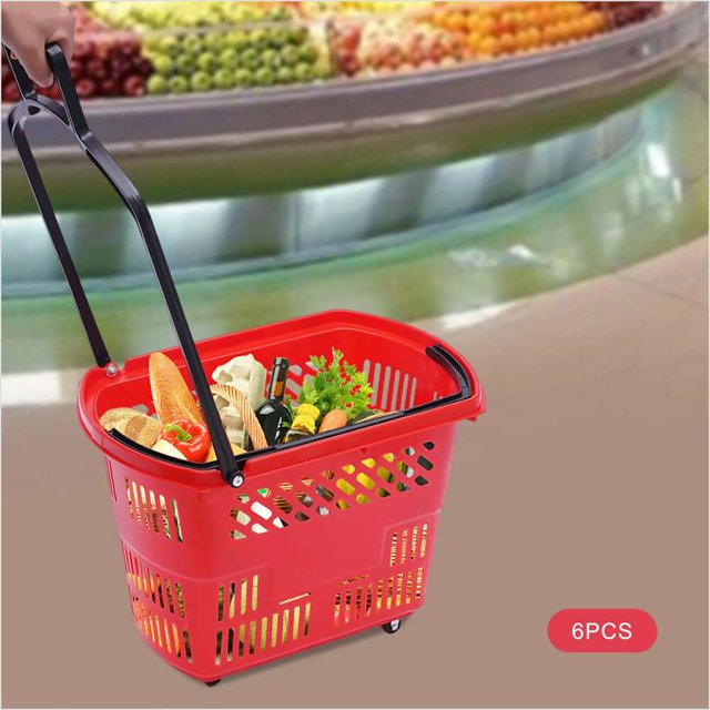6pcss 35L Plastic Shopping Carts with Wheels & Handle Shopping Basket