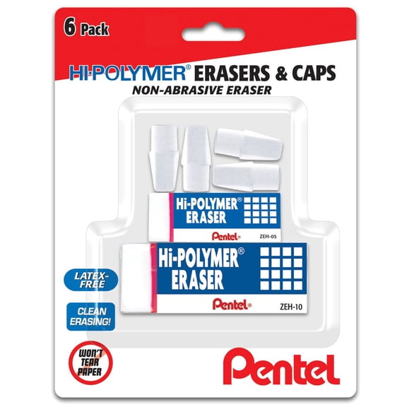 6pk Erasers and Caps White: Hi Polymer, Large Vinyl, Latex-Free, Right/Left-Handed Design, Stationery & Office Use