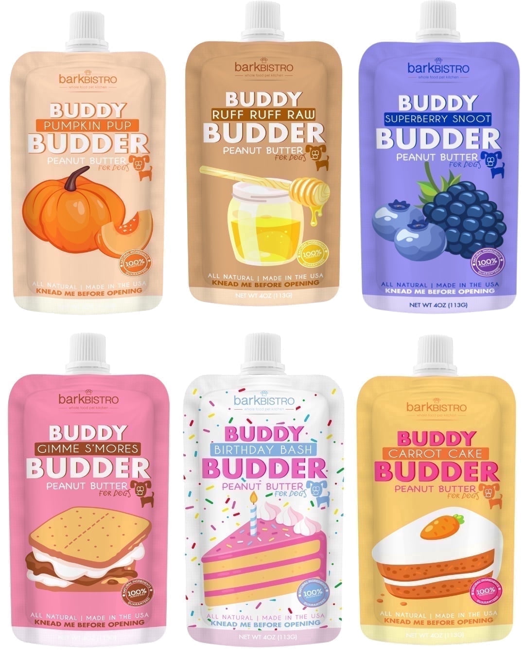 6pk Mixed Buddy Budder Squeeze Pack, Dog Peanut Butter, 4oz each